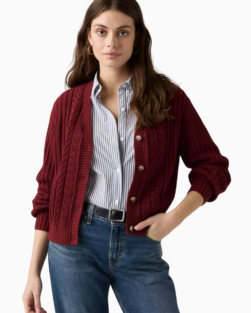 Levi's Snowflake Cardigan in Cabernet button-front detail