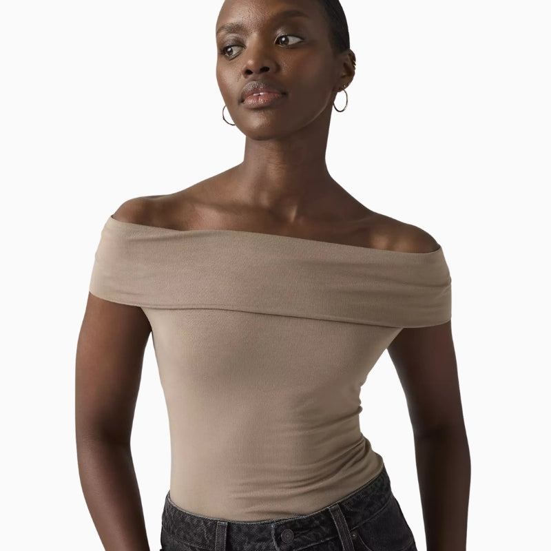 Levi's Tori Twisted Knit Top taupe front view off shoulder