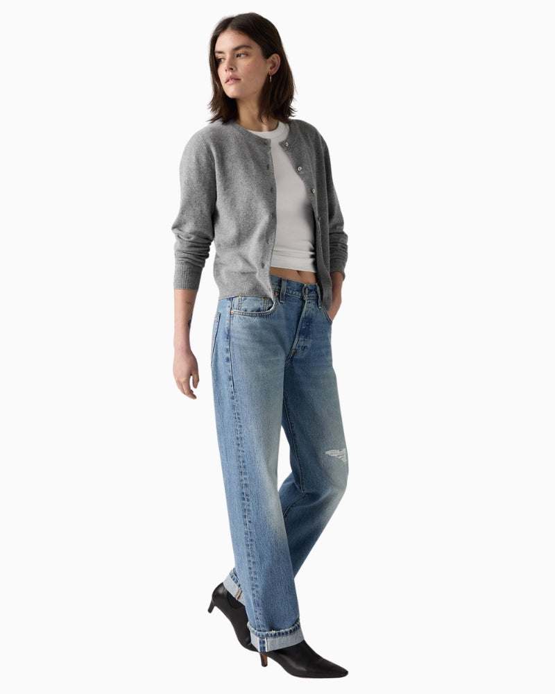 Side angle of 501 ‘90s jeans showing relaxed fit through hip and thigh in rigid cotton denim