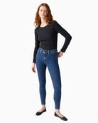Front view of Levi’s 721 skinny jeans in classic high-rise fit and soft stretch denim