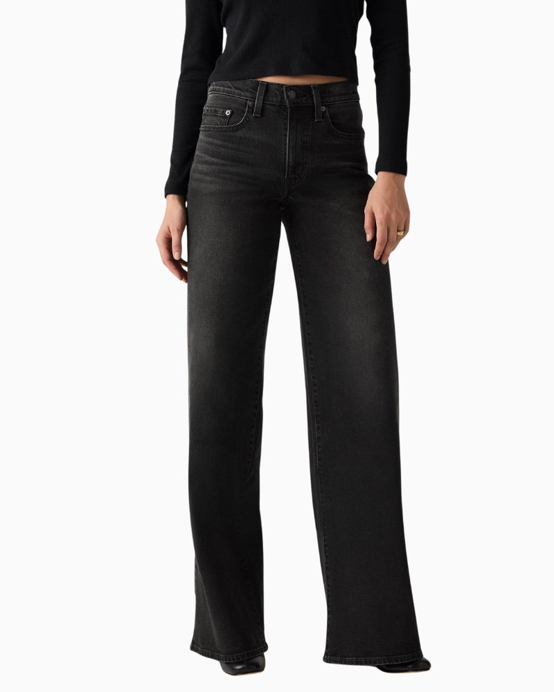 Front view of Levi’s 728 wide-leg jeans in high-rise fit and classic blue wash