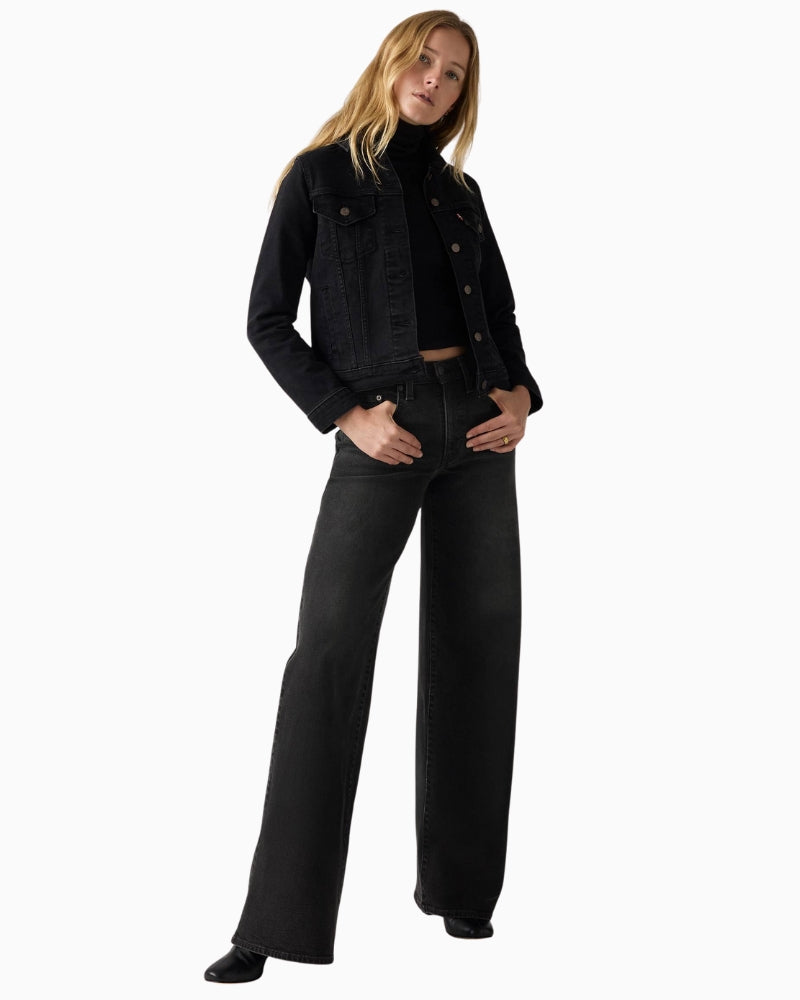 Front view of Levi’s 728 wide-leg jeans in high-rise fit and classic blue wash