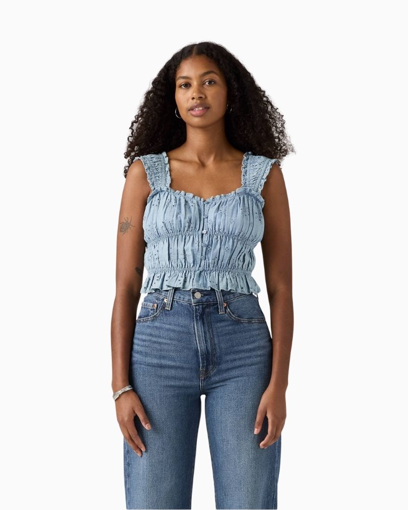 Levi’s Amaya cropped blouse in light blue chambray with ruching