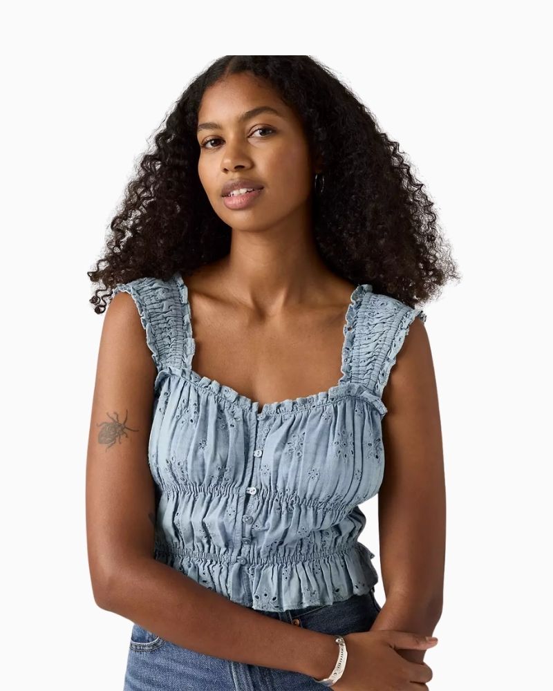 Front view of sleeveless Levi’s blouse with button closure and wide straps