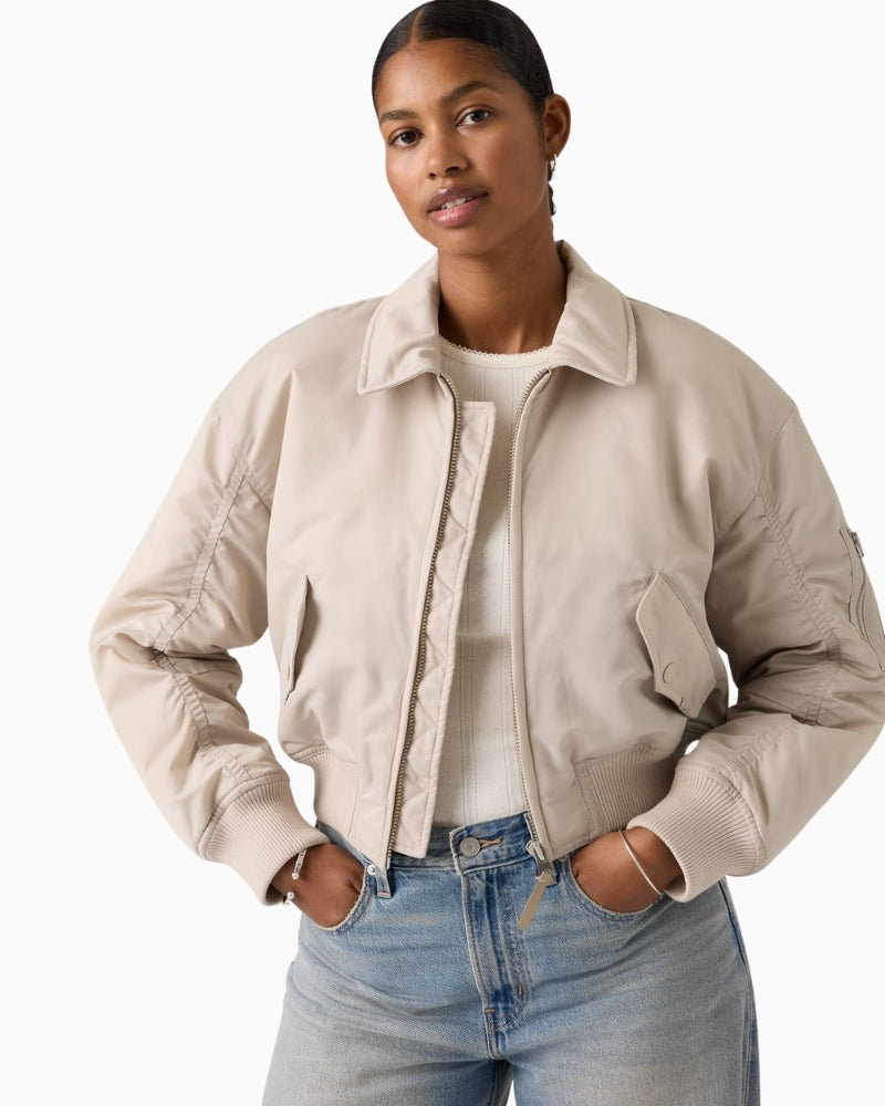 Levi’s Bowie Cropped Bomber Jacket lightweight nylon fabric close-up – Áines Boutique