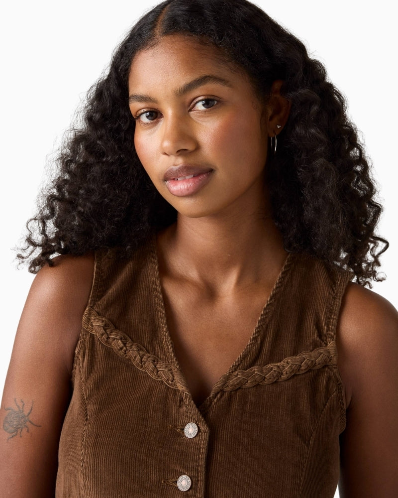 Close-up of braided detailing on Levi’s retro corduroy vest