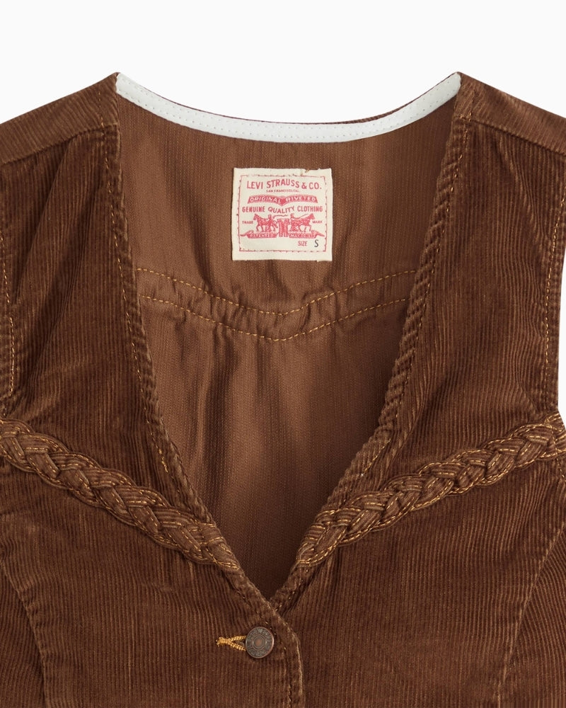 Close-up of braided detailing on Levi’s retro corduroy vest