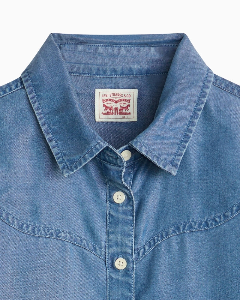 Close-up of button-up front and voluminous sleeves