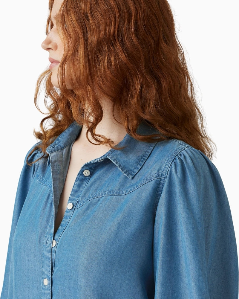 Close-up of button-up front and voluminous sleeves