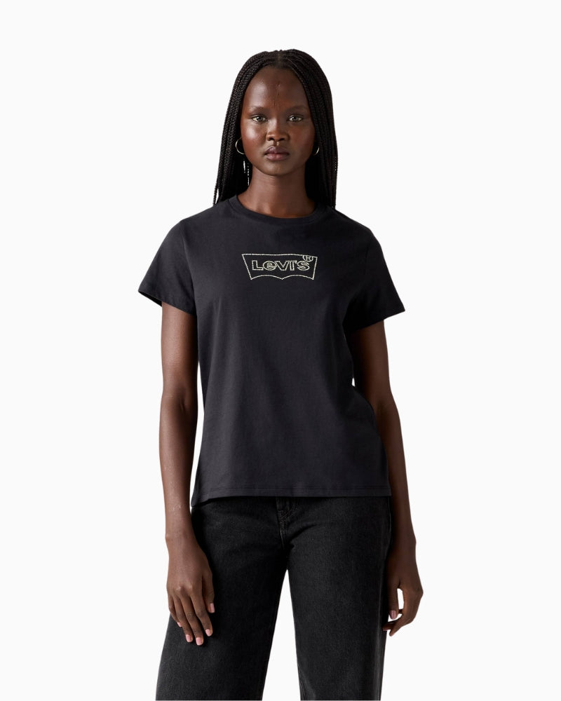 Front view of Levi’s Perfect Tee with rhinestone logo and classic crewneck