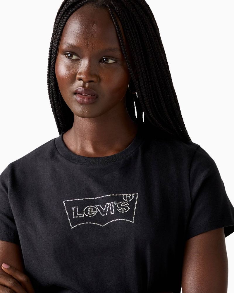 Close-up of rhinestone detail on Levi’s Perfect Tee in 100% cotton