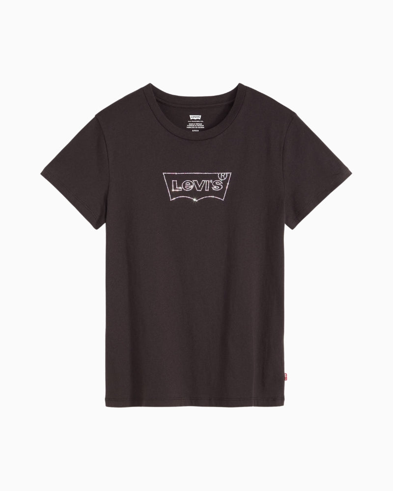 Front view of Levi’s Perfect Tee with rhinestone logo and classic crewneck