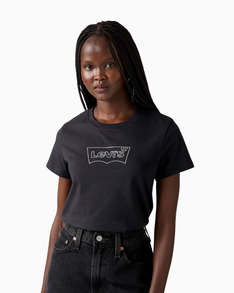 Front view of Levi’s Perfect Tee with rhinestone logo and classic crewneck