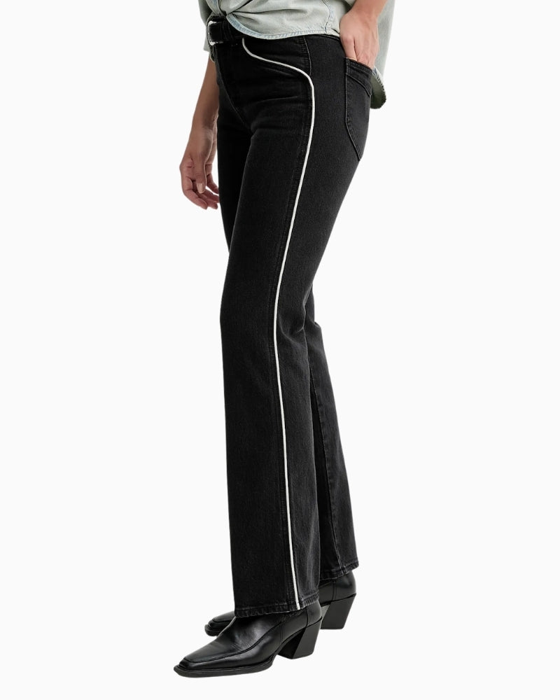Side view of Wedgie Boot Piping jeans showing slim fit through thigh and flare