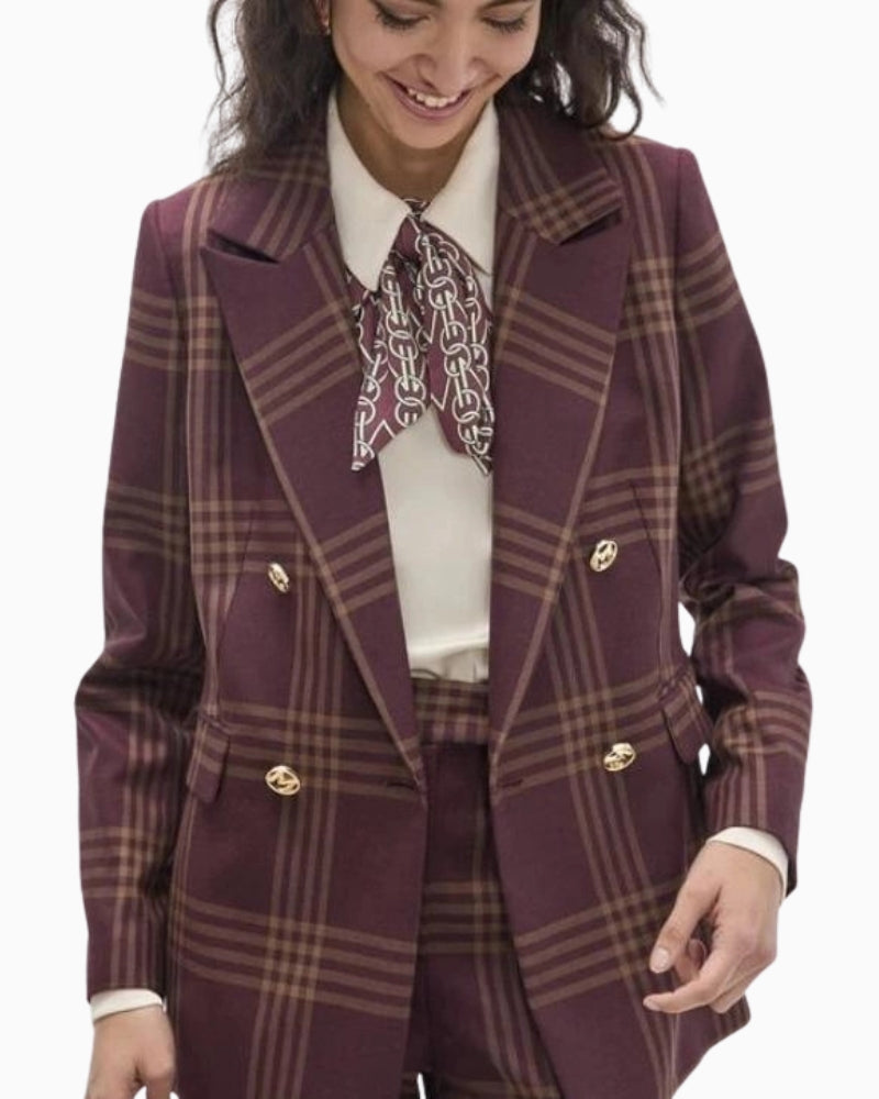 Lola Casademunt Checked Blazer in Burgundy full outfit front view