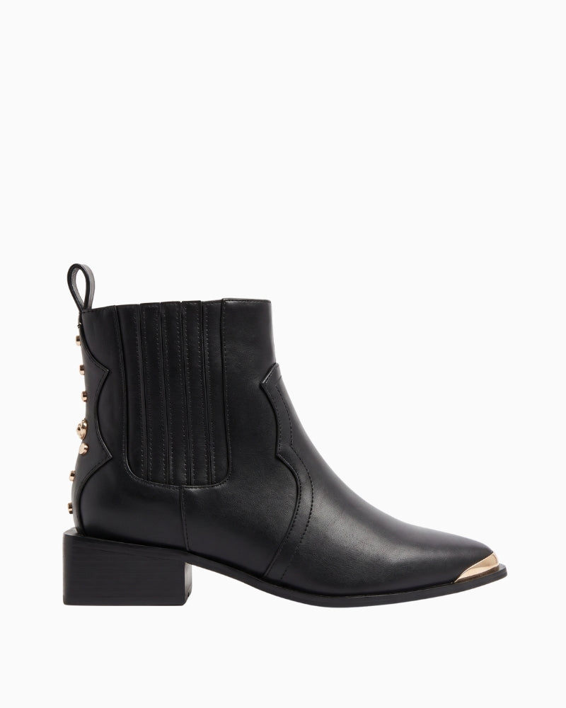 Lola Casademunt Cowboy Ankle Boot W/Studs in black side view with gold-tone detailing