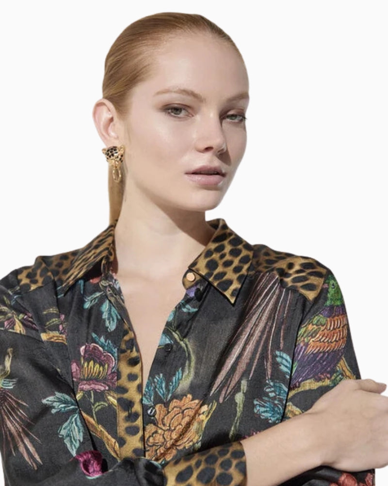 Lola Casademunt Leo Print Shirt in black/multi leopard collar and floral print detail