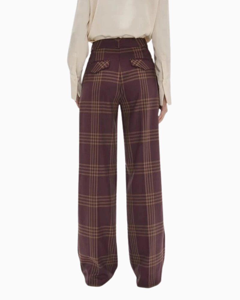 Lola Casademunt Long Straight Checked Trousers in Burgundy back view