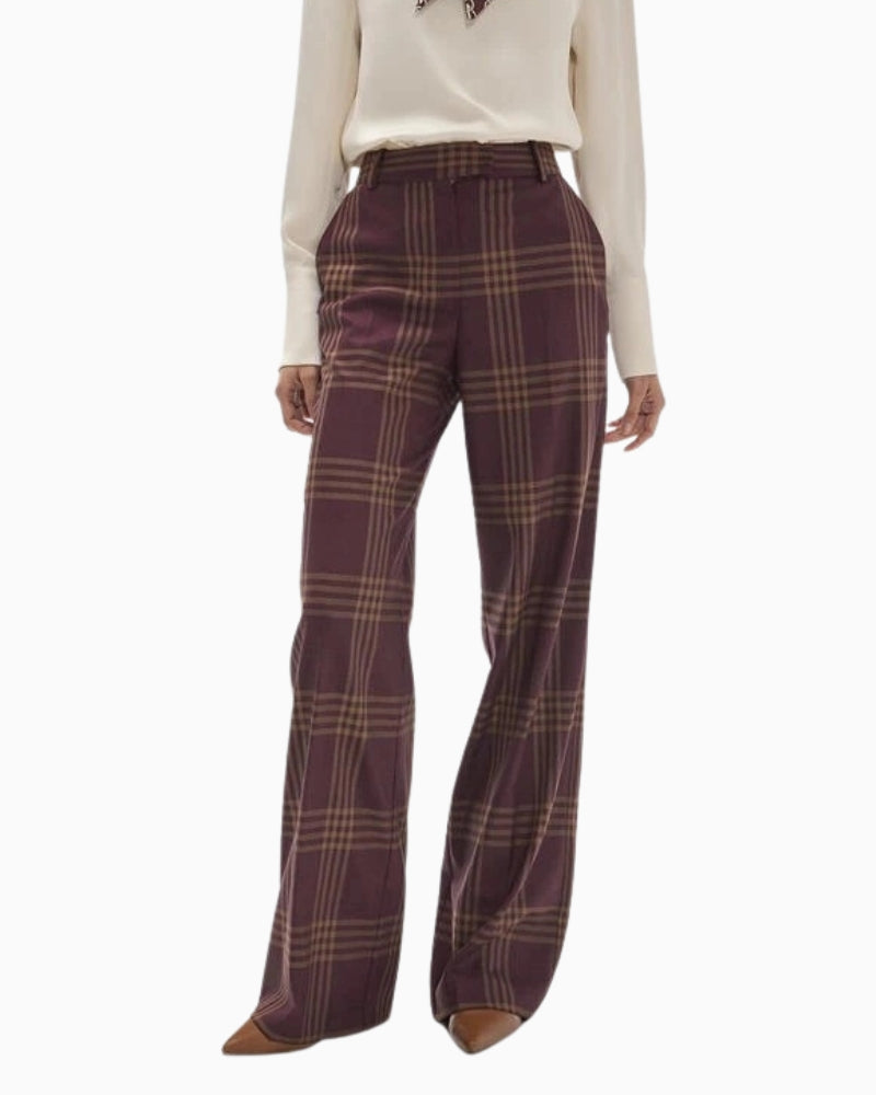 Lola Casademunt Long Straight Checked Trousers in Burgundy front view
