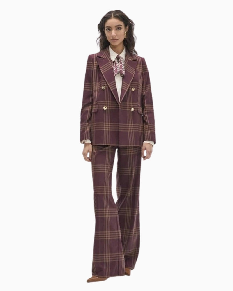 Lola Casademunt Long Straight Checked Trousers in Burgundy with matching blazer