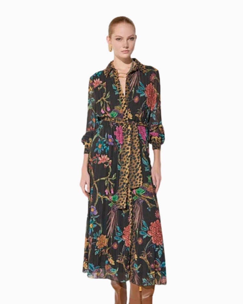 Lola Casademunt Pleated Midi Dress in Black/Multi front view