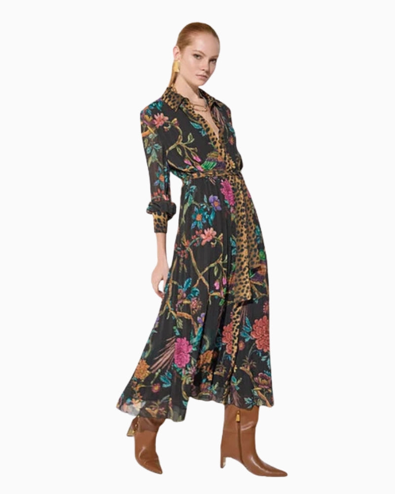 Lola Casademunt Pleated Midi Dress in Black/Multi multicolour pleat detail