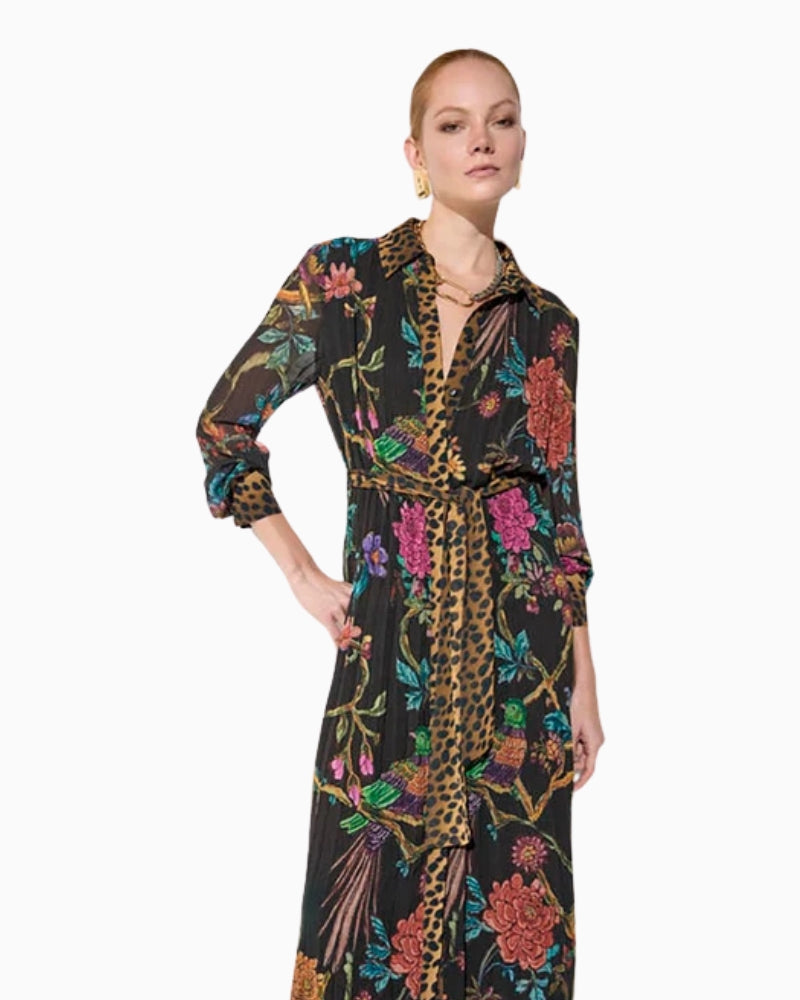 Lola Casademunt Pleated Midi Dress in Black/Multi pleated print detail