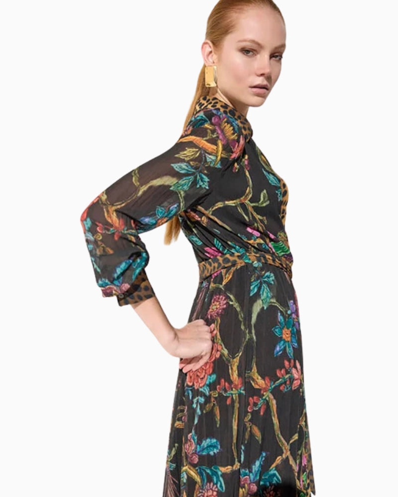 Lola Casademunt Pleated Midi Dress in Black/Multi side view