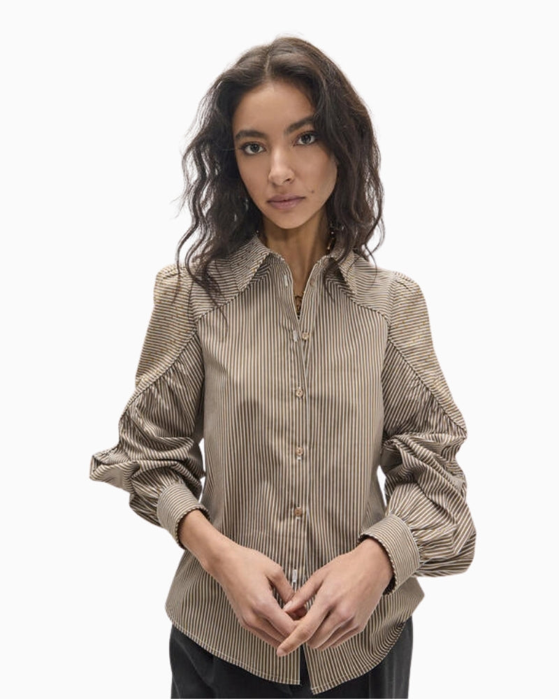 Lola Casademunt Striped Shirt in brown stripe front detail