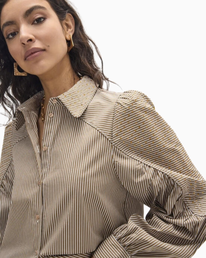 Lola Casademunt Striped Shirt in brown stripe rhinestone detail