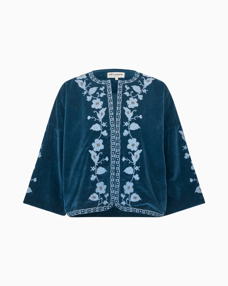 Lollys Laundry Amby velvet jacket blue front view – Áines Boutique