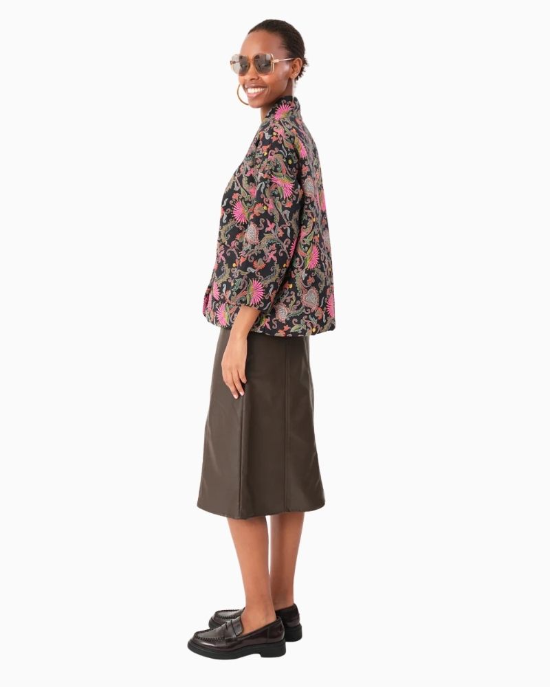 Side view of lightweight cotton jacket in pink, orange and green pattern