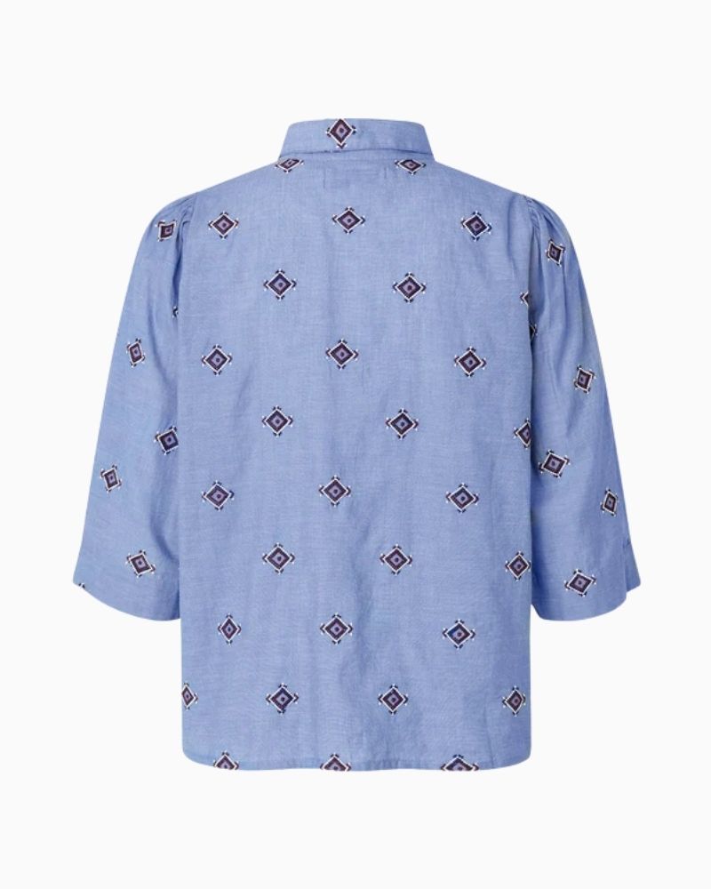 Back of Lollys Laundry Bono shirt in light blue with contrast embroidery and classic collar