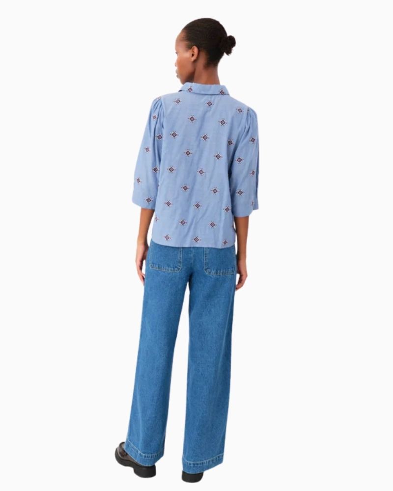 back of Lollys Laundry Bono shirt in light blue with contrast embroidery and classic collar