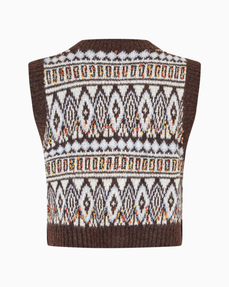 Back of Lollys Laundry FrancescaLL vest in dark mocha with colourful jacquard knit