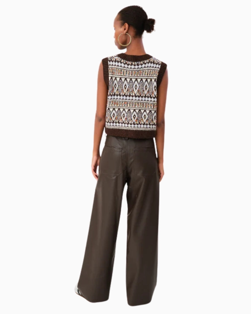 Back of Lollys Laundry FrancescaLL vest in dark mocha with colourful jacquard knit