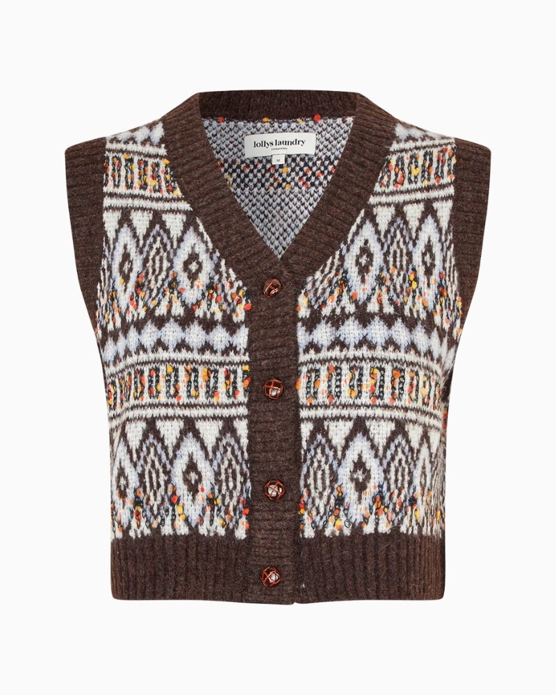 Front view of cropped sleeveless vest with contrast buttons and ribbed trim