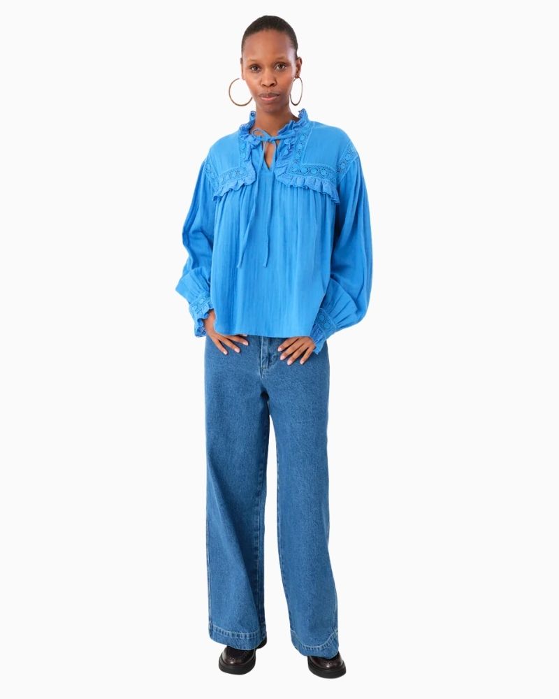 Lollys Laundry Gemma shirt in neon blue with lace-trimmed yoke and neck bow