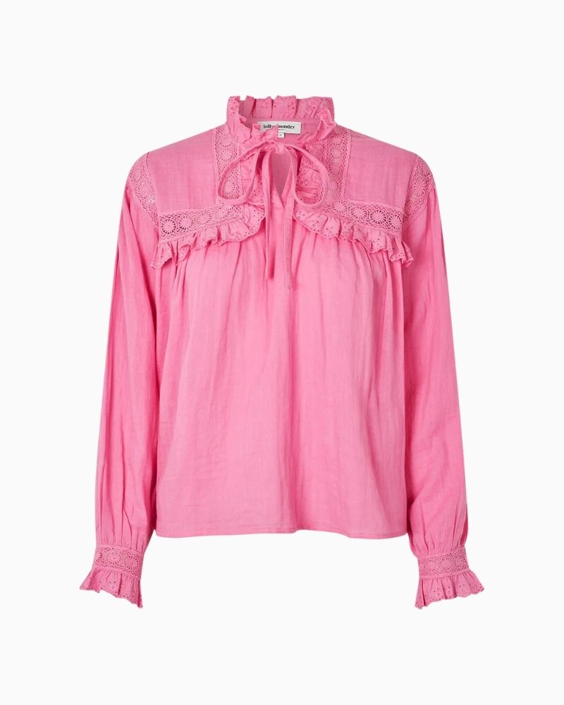 Lollys Laundry Gemma shirt in pink with lace-trimmed yoke and neck tie