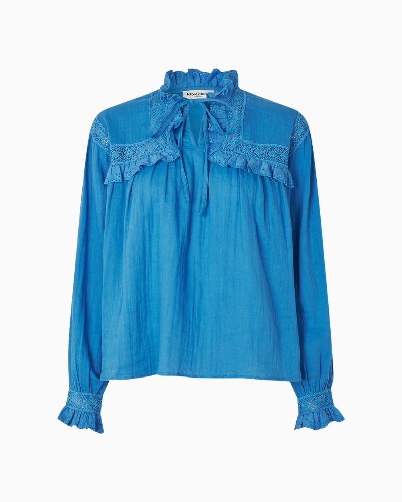 Lollys Laundry Gemma shirt in neon blue with lace-trimmed yoke and neck bow