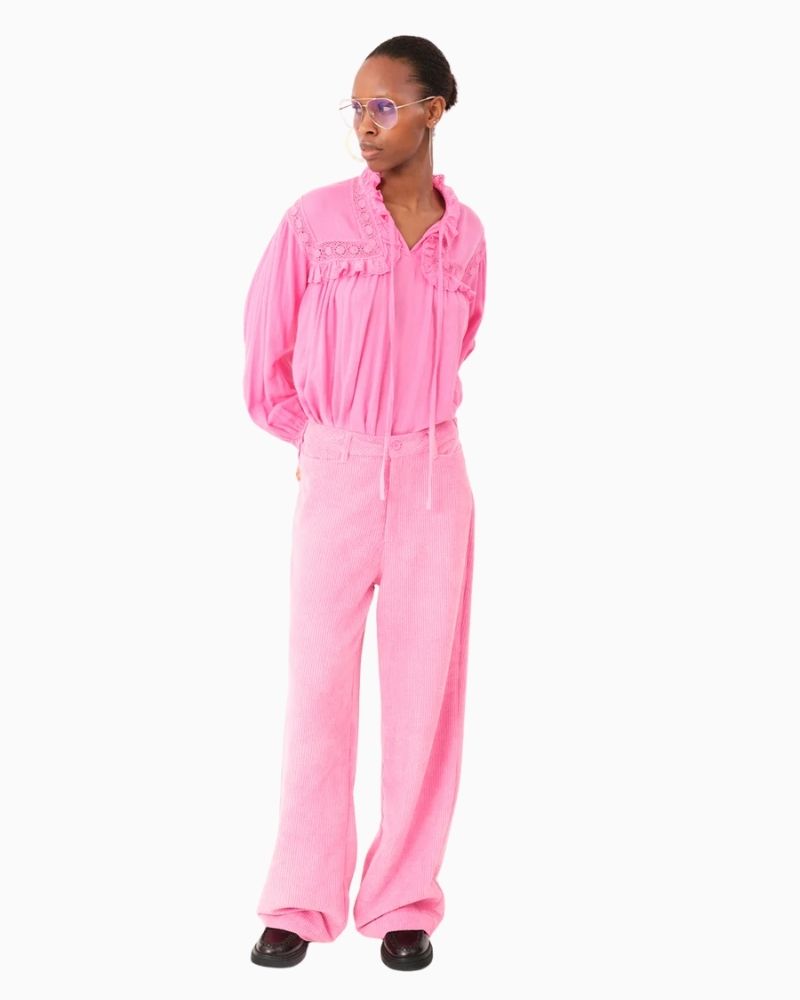 Lollys Laundry Gemma shirt in pink with lace-trimmed yoke and neck tie