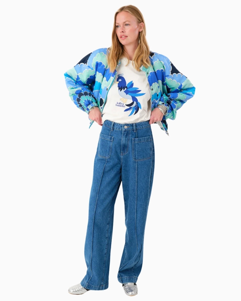 Blue graphic print padded jacket by Lollys Laundry with boxy fit and wide sleeves