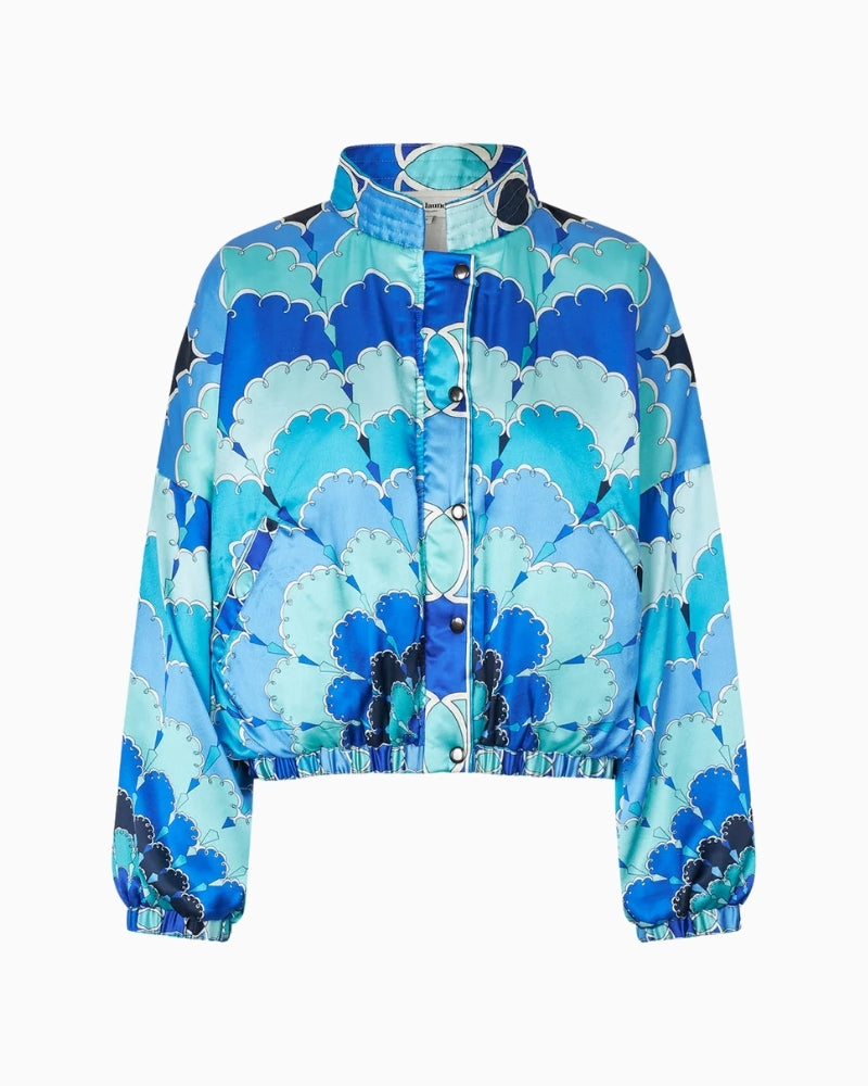 Blue graphic print padded jacket by Lollys Laundry with boxy fit and wide sleeves