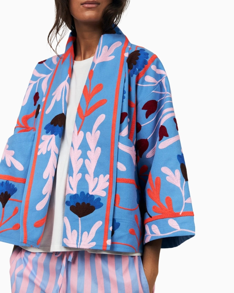 Lollys Laundry Rumill jacket blue embroidered flowers front view – Áines Boutique