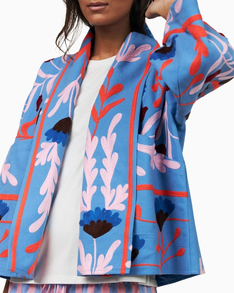 Lollys Laundry Rumill jacket blue embroidered flowers front view – Áines Boutique