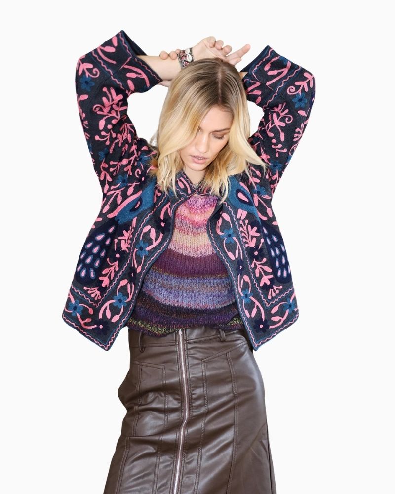 Lollys Laundry Sadie jacket in washed black with floral embroidery and open front