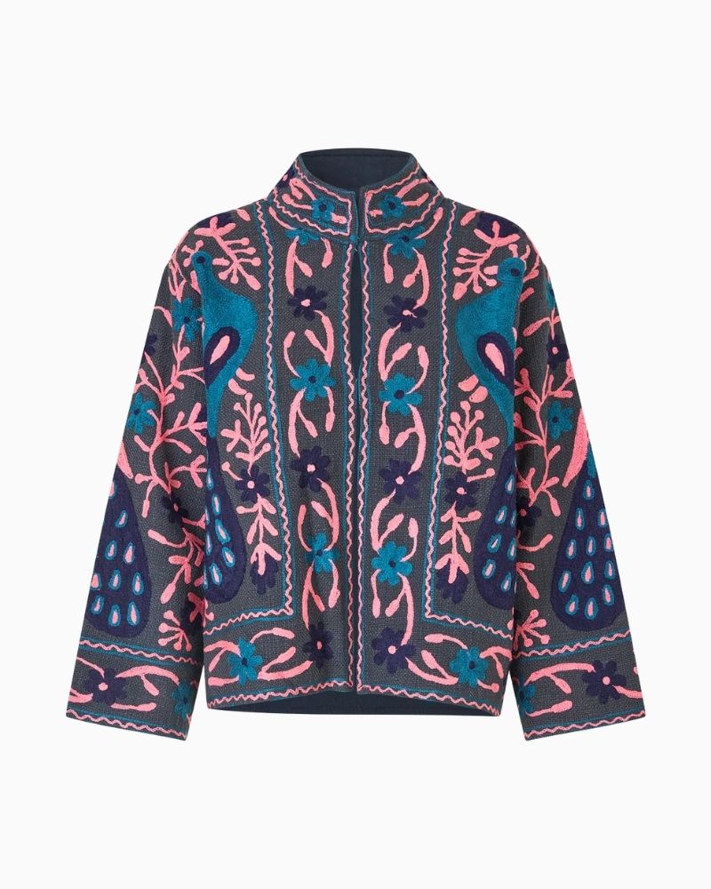 Lollys Laundry Sadie jacket in washed black with floral embroidery and open front