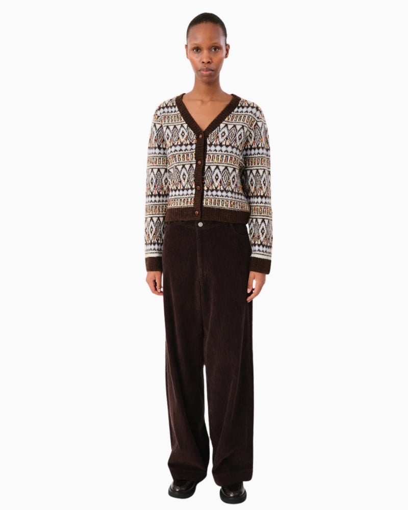 Lollys Laundry SaxoLL cardigan in dark mocha with retro multicolour knit