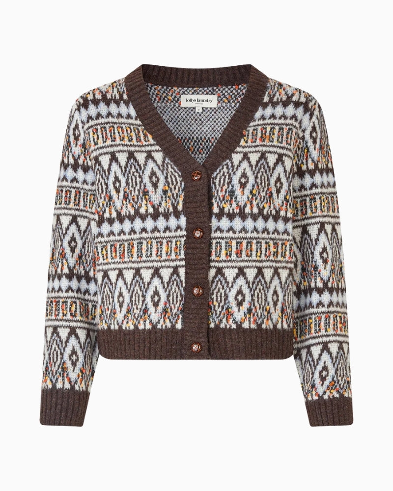 Front view of short V-neck cardigan with contrast buttons and jacquard pattern