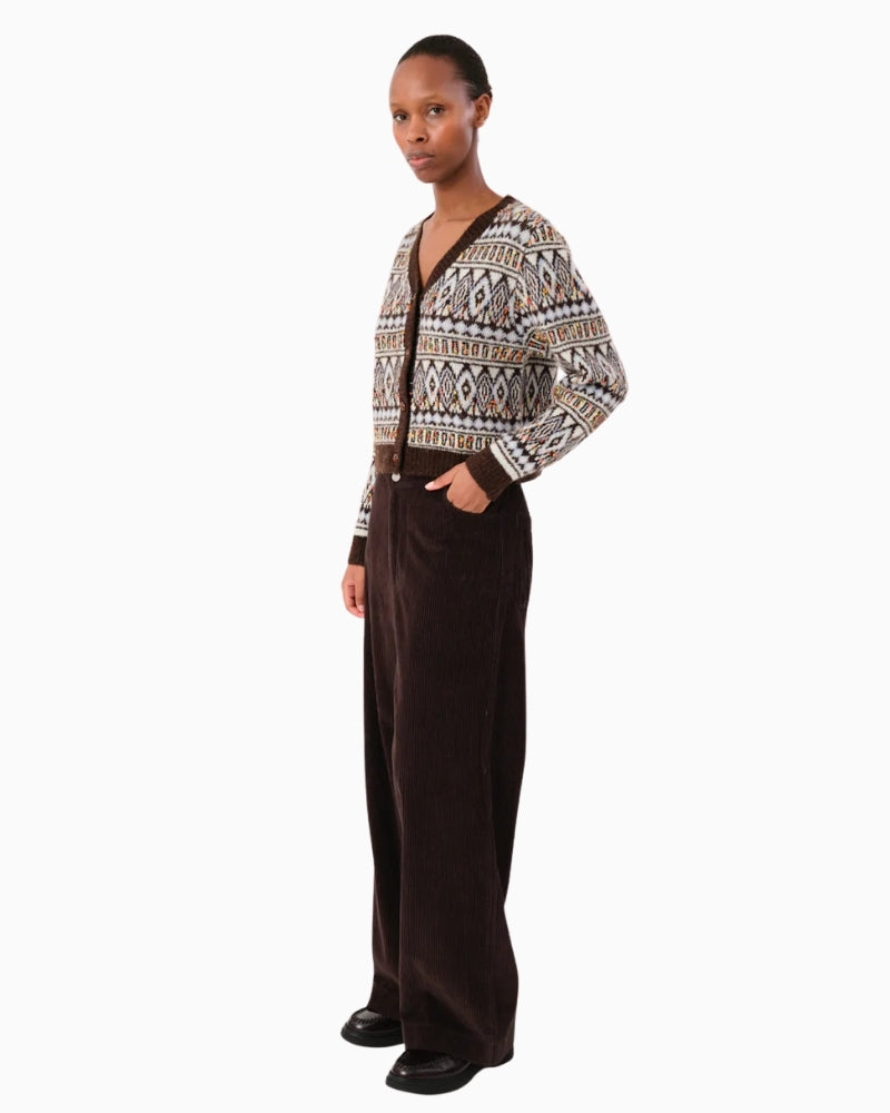 Side view of Lollys Laundry SaxoLL cardigan in dark mocha with retro multicolour knit